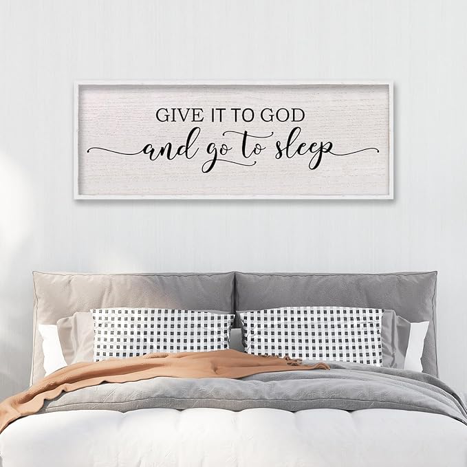 Give It To God And Go To Sleep Above Bed Wall Decor Sign 40"X15" Master Bedroom Over Bed Wall Wood Framed Art (White)-Ruum Studio Home