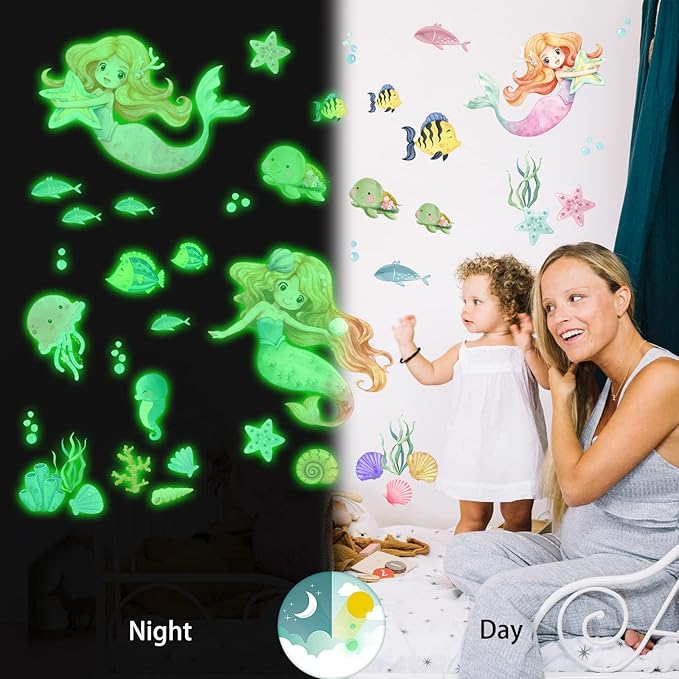 Glow in The Dark Stars Mermaid Wall Decals, Turtle Ocean Fish Stickers for Ceiling, DIY Wall Decor for Nursery Playroom Living Room, Birthday Christmas Gift-Ruum Studio Home