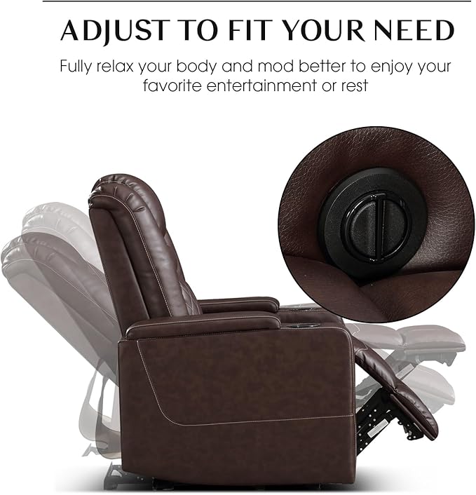 CANMOV Electric Power Recliner Chair with USB Ports and Cup Holders, Breathable Leather Home Theater Seating with Hidden Arm Storage (Red Brown)-Ruum Studio Home