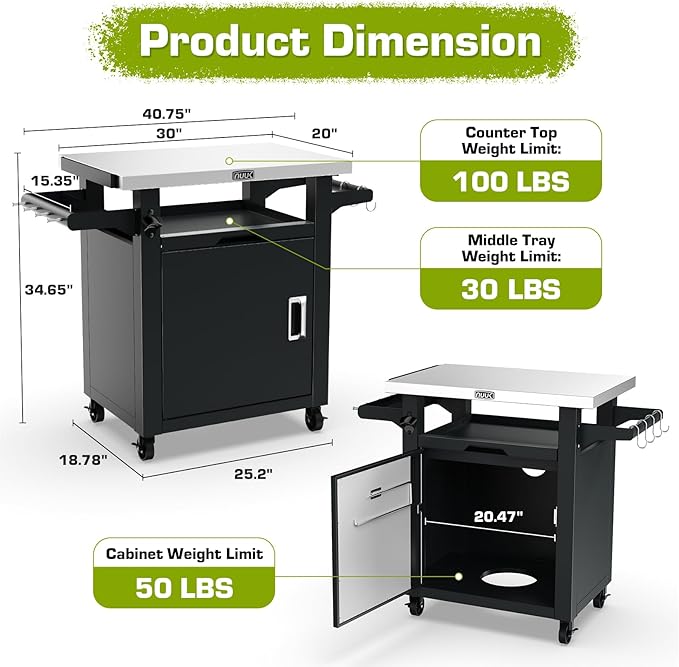 NUUK Grill Carts Outdoor with Enclosed Cabinet and Storage Drawer, Portable Patio Bar Cart with Wheels Stainless Steel Kitchen Storage Island 20" x 30" Rolling Prep Station for BBQ, Deck, Backyard-Ruum Studio Home