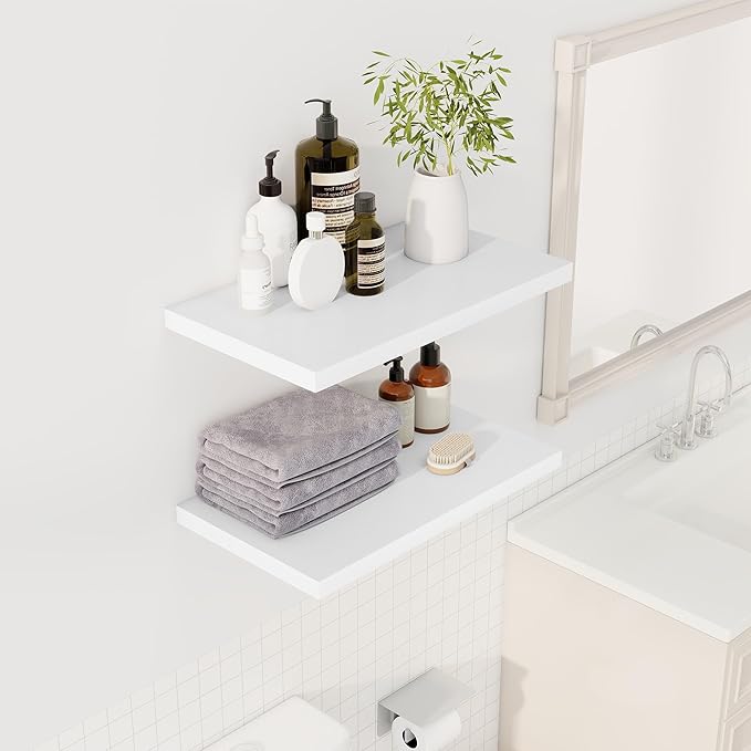 24" Floating Shelves for Wall, 12" Deep Slim White Floating Shelves, Wall-Mounted Shelves for Bedroom, Living Room, Kitchen, Bathroom - Set of 2-Ruum Studio Home