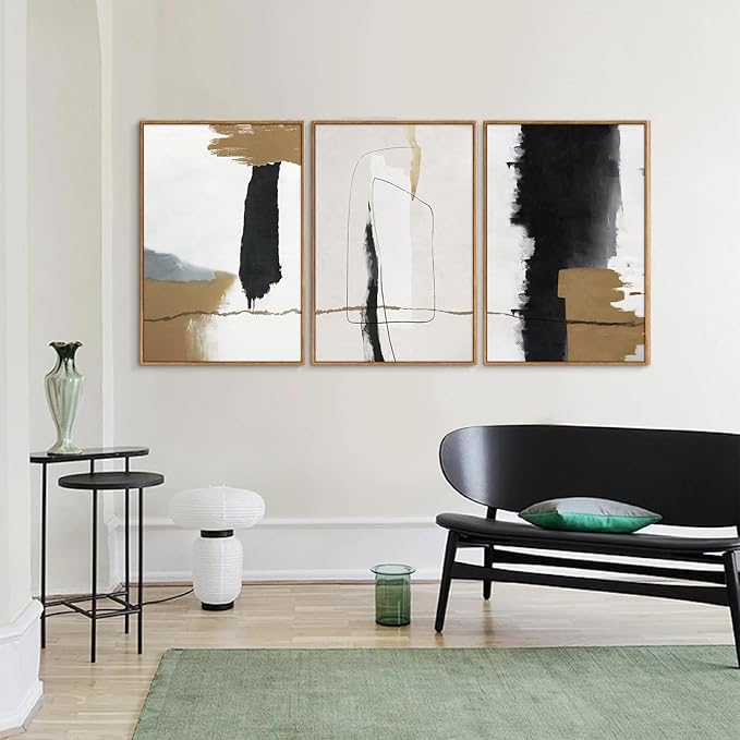 SIGNINART Black and White Abstract Framed Canvas Wall Art Set of 3, Beige Neutral Art Prints, Minimalist Modern Wall Decor for Living Room, Bedroom, Office,Above Couch 16"x24"x3-Ruum Studio Home