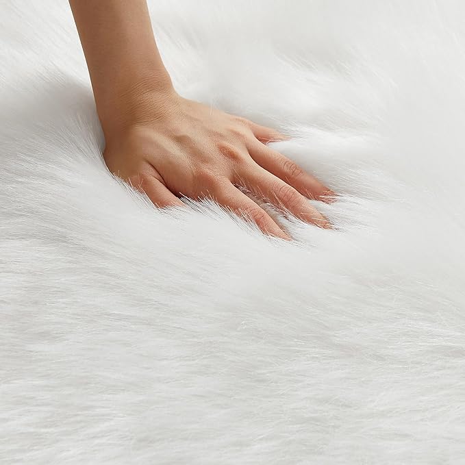 AMTOVO Faux Fur Sheepskin Rug for Living Room, 4 x 6 ft White Fluffy Area Rug for Bedroom, Playroom, Luxury Room Decor, Rectangle-Ruum Studio Home