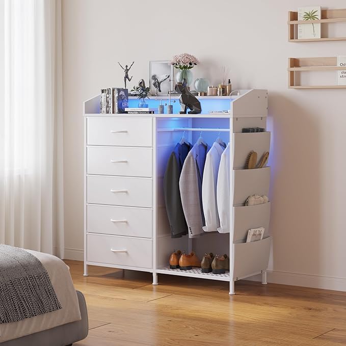 LUMTOK Modern 5 Dresser with LED Hanging Rack, Dresser with Clothes Rack, Hanger Rack, and Storage Drawers, Drawer Dressers with Coat Racks for Bedroom Living Room, Entryway, Closets (White)-Ruum Studio Home