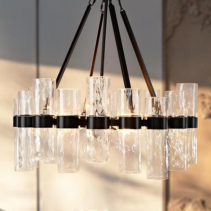Round Black Glass Wagon Wheel Chandelier, Chandelier with Water Ripple Textured Recycled Clear Glass Piece, Modern Industrial Pendant Light with Metal Frame, Lighting Fixture for Living Room, Foyer-Ruum Studio Home