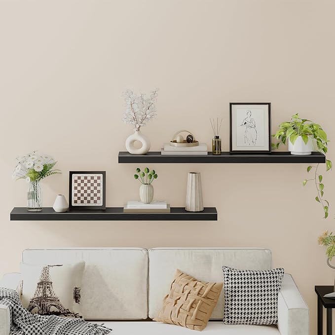 HOOBRO Floating Shelves for Wall, Wall Mounted Shelf Set of 2, 55" Hanging Shelf with Invisible Brackets, for Wall in Bathroom, Bedroom, Toilet, Kitchen, Living Room, Office, Black BK140BJP201-Ruum Studio Home