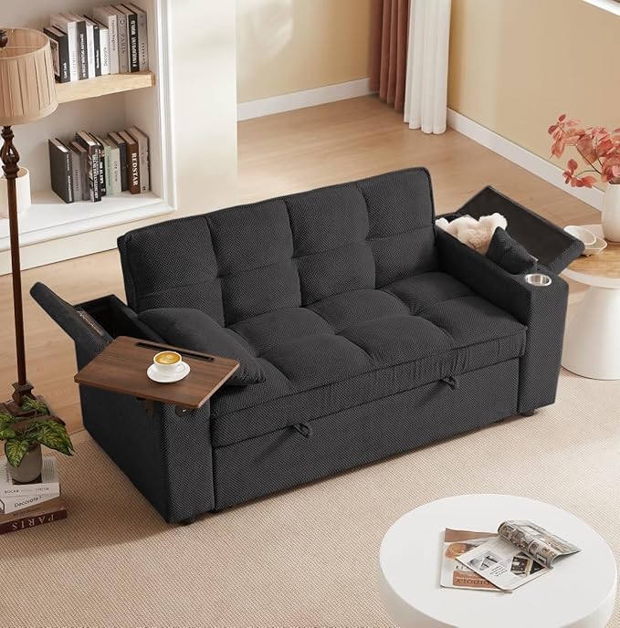 Large Size Convertible Sleeper Sofa Bed,Polka dot Velvet Pull Out Futon Couch with Storage handrails & Rotating Side Tables,Convertible Sofa Couch for Living Room,RV-Ruum Studio Home