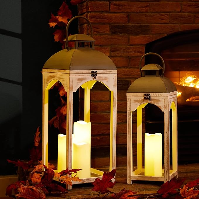 Glitzhome Set of 2 Mondern Farmhouse Wood Metal Lanterns Decorative Candle Lanterns, White (No Glass)-Ruum Studio Home