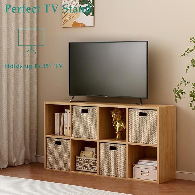 8-Cube Storage Shelf Bookcase - Wooden 4-Tier Floor Standing Open Bookshelf for Home and Office, Display Cabinet, Oak-Ruum Studio Home