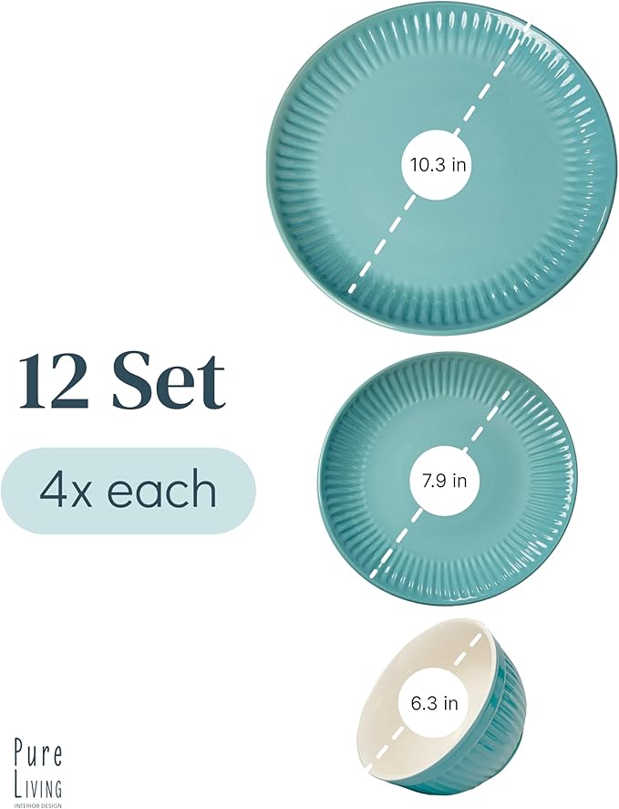 Stoneware Dinnerware Set for 4 People HYGGE 12-Piece - Elegant Scandi Design - Premium Dish Set - Bowl and Plate Set - Tableware for 4 People in a Ribbed Design - Pure Living in Green-Ruum Studio Home