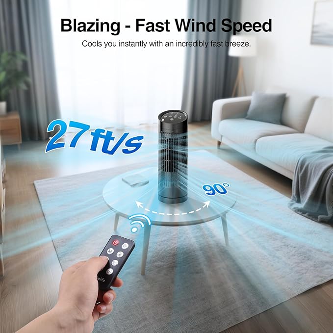 VCK 13'' Tower Fan for Bedroom,27ft/s Velocity Quiet Floor Fan,90° Bladeless Fan for Indoors with 3 Speeds,3 Modes,Oscillating Fans for Indoors,Portable Desk Table Fans for Room, Home,Office-Ruum Studio Home