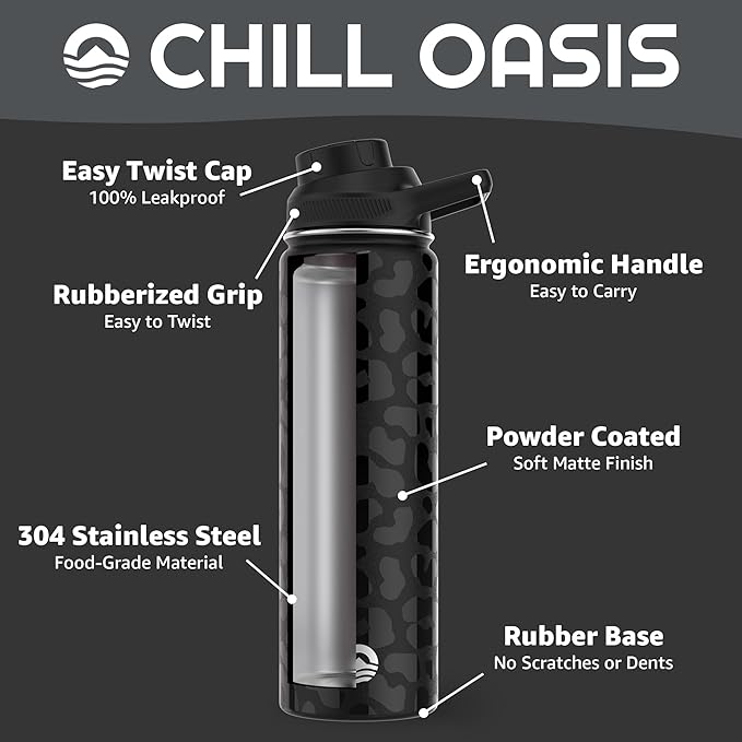 Chill Oasis Water Bottle | Compatible With Popular Flavor Cartridges | BPA Free, Leak Proof, Double-Walled Vacuum Insulated Stainless Steel, and Dishwasher Safe | Cold for 24 Hours (Leopard, 22oz)-Ruum Studio Home