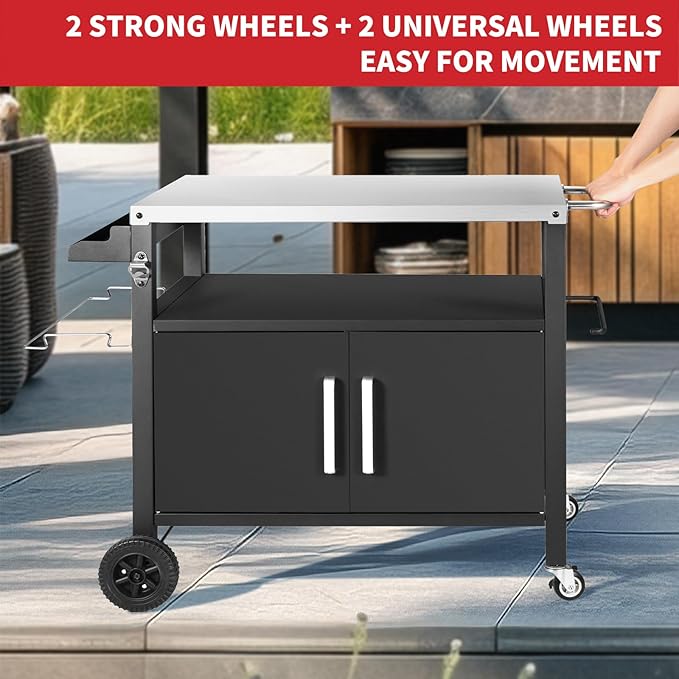Grill Cart Table with Big Storage Cabinet, Movable Outdoor Dining Cart Pizza Oven Stand, Kitchen Cart Island Multifunction Food Prep Table Stainless Steel Surface-Ruum Studio Home