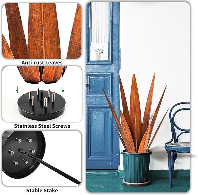 Metal Agave Plants, Tequila Rustic Sculpture, Metal Yard Art, Outdoor Lawn Ornaments Yard Stakes (Rusty- L)-Ruum Studio Home