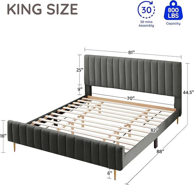 Livinia King Size Elton Velvet Platform Bed, Upholstered Bed Frame with Vertical Channel Tufted Headboard Footboard, Strong Wood Slats, No Box Spring Needed, Gray (King)-Ruum Studio Home