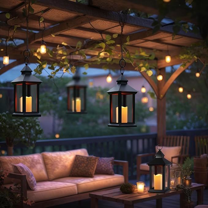 Lanterns Decorative Indoor, 1 Pack Black Outdoor Lantern with Timer, 14" Lantern Waterproof with Battery Operated Candle, Outdoor Hanging Lanterns for Porch, Patio, Wedding Decor-Ruum Studio Home