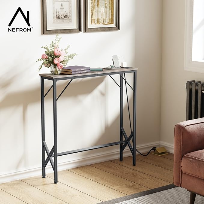 31.5‘’ Console Table, Skinny Entryway Table with Fast-Charging Station, Narrow Long Sofa Table, Behind Slim Couch Table for Entrance, Hallway, Living Room Decor ST-GY80-1-Ruum Studio Home
