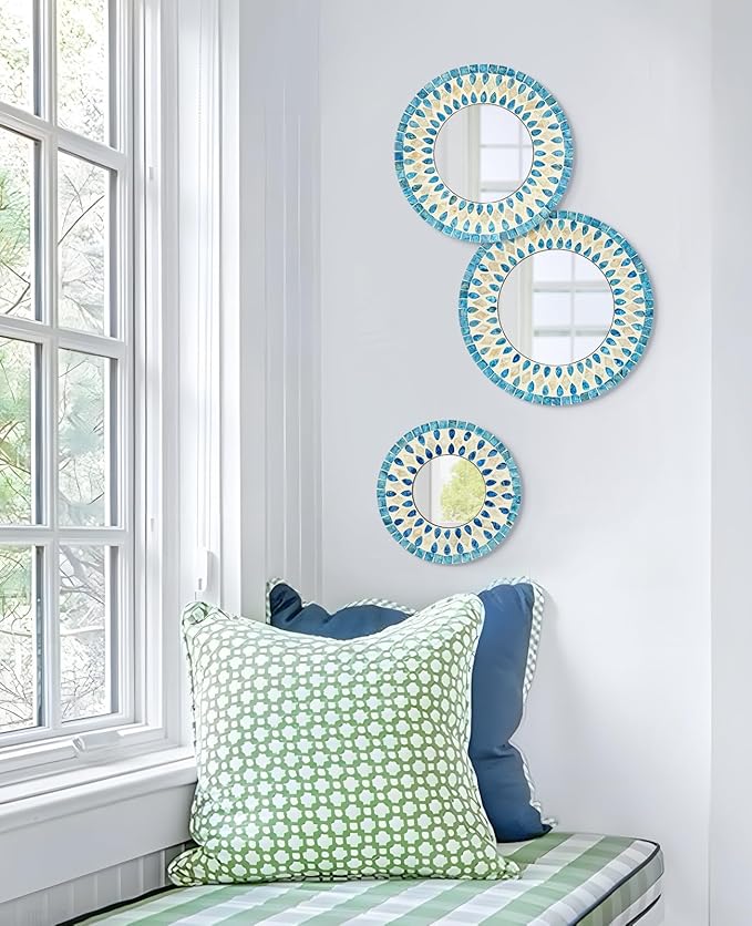 TEIPAI Handmade Mother of Pearl Mirror for Wall Decor, 3PCS Round Decorative Mirrors for Beach Nautical Home Hotel Coffee Shop, Natural Plate Art Hanging Sculpture for Dorm Apartment Entryway (Blue)-Ruum Studio Home