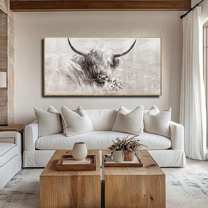 Farmhouse Wall Decor Framed Cow Artwork Grey Vintage Wall Art Canvas Flower Print Rustic Animal Pictures Style for Bedroom Dining Room 24x48 Inch-Ruum Studio Home