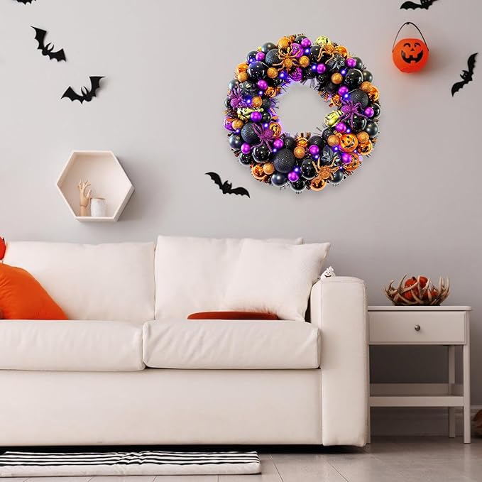 17 Inch Halloween Ball Wreath for Front Door with Lights, Lighted Cute Treat-or-Trick Door Wreath Ball Ornament for Halloween Indoor Decorations Centerpiece Party Holiday Wall Home Decor-Ruum Studio Home