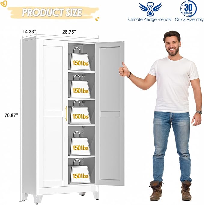 71" Tall Metal Storage Cabinet with 2 Doors and 4 Adjustable Shelves, Kitchen Pantry Cabinet White Freestanding Cupboard, 5 Tier Multifunctional Steel Storage for Office, Kitchen, Dining Room-Ruum Studio Home