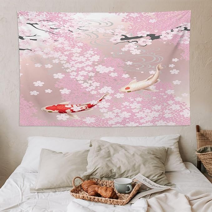 Houselerax Japanese Koi Fish Tapestry, Cherry Blossoms Asian Oriental Pink Flower Branch Koi Fish Carp Tapestries Wall Hanging for Bedroom Living Room Office Decor 90"x60"-Ruum Studio Home