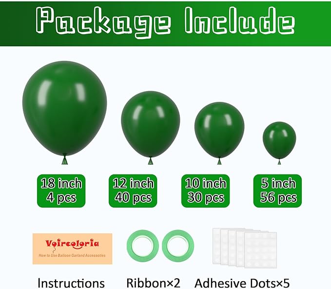 130pcs Dark Green Balloons Different Sizes 18" 12" 10" 5" Hunter Green Balloons for Birthday Dinosaur Baby Shower St. Patrick's Day Summer Jungle Forest Safari Party Decorations-Ruum Studio Home