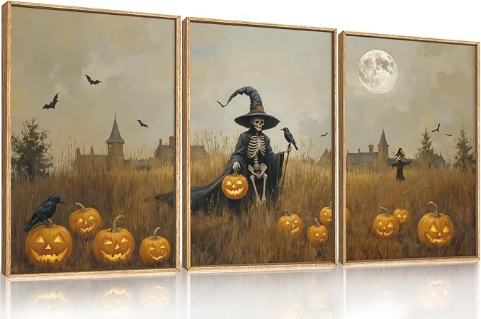 Celestdeco Halloween Ghost Reaper Framed Wall Art Set, Scary Witchy and Pumpkin Wall Decor, Horror Night Wall Painting, Full Moon Bats Art Prints for Living Room,Bedroom,Halloween Themed Party Decoration-16"×24"×3-Ruum Studio Home