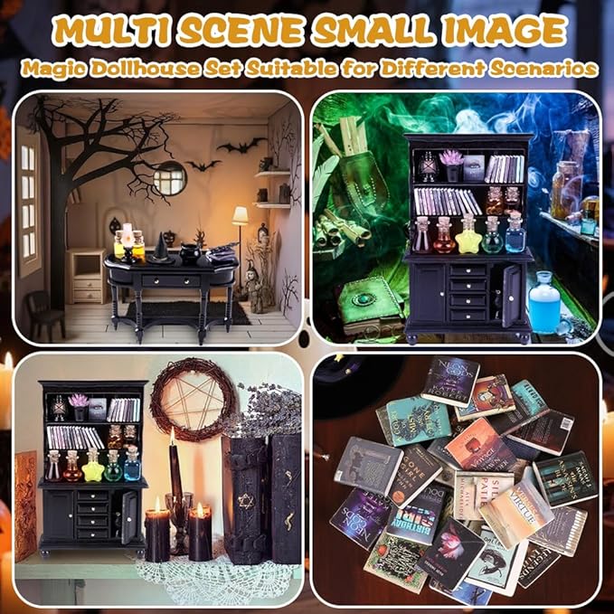 56 Pcs Halloween Miniatures Decorations 1:12 Scale Magic House Accessories Mini Wooden Bookshelf Furniture Set Tiny Sorcery Bottles Books Desk Chair Witch Hat Dollhouse Decor-Ruum Studio Home