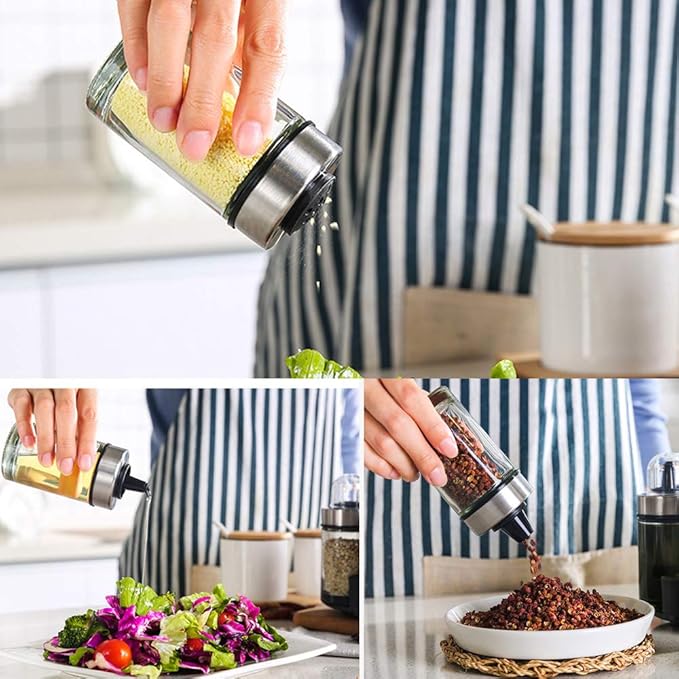 Mlici Oil and Vinegar Dispenser Set of 6 Bottles, Stainless Steel Salt Pepper Holder with 360° Rotating Holder, Cruet Soy Sauce - Premium Glass Condiment for Kitchen, Tabletop, Kitchen Containers-Ruum Studio Home
