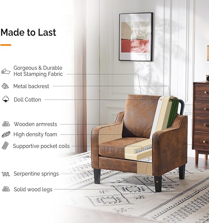 VINGLI Accent Chair for Living Room Chairs Rustic Reading Chair for Bedroom Scooped Arm Chair Mid Century Modern Accent Chairs Upholstered Comfy Chair for Apartment, Waiting Room-Ruum Studio Home