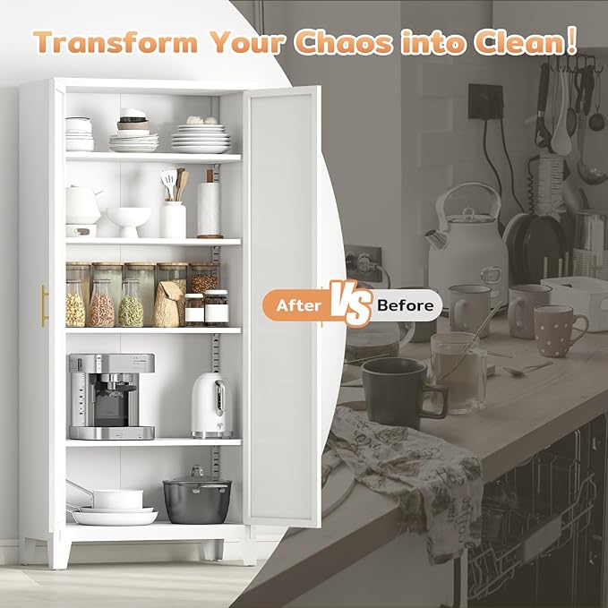 70.87" H Metal Kitchen Pantry Cabinet, Freestanding Cupboard with 2 Doors and 4 Adjustable Shelves, Tall Metal Storage Cabinet for Kitchen, Bathroom, Dinning Room or Laundry Room （White）-Ruum Studio Home