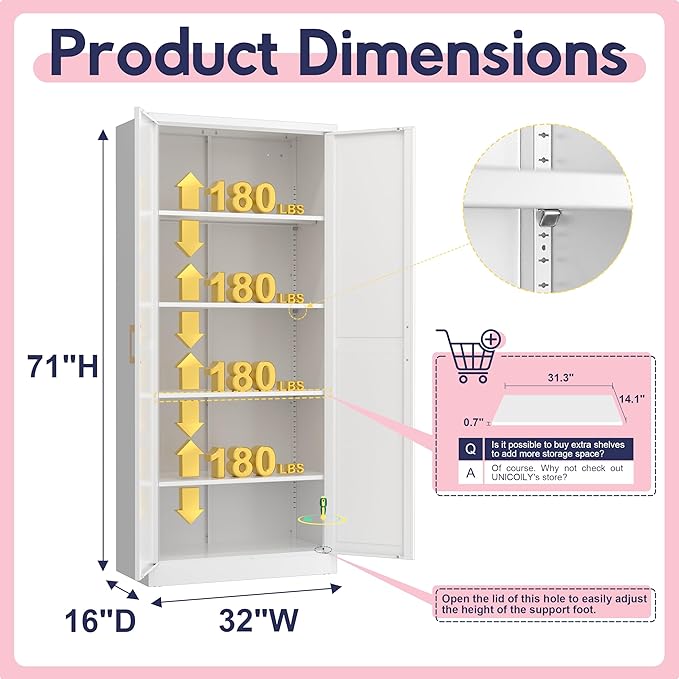 71" Storage Cabinet, Metal Pantry Cabinet, Kitchen Pantry Storage Cabinets with Doors and 4 Shelves, Cabinets for Laundry Room, Living Room, Dinning Room, Assembly Required, White-Ruum Studio Home