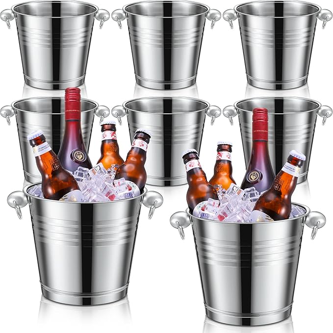 Amyhill 8 Pack Stainless Steel Ice Bucket 5.3 Quart/ 5 Liter with Handle Large Insulated Champagne Buckets Beer Bucket for Cocktail Bar Wine Parties Chilling Wine Champagne Home(Silver)-Ruum Studio Home