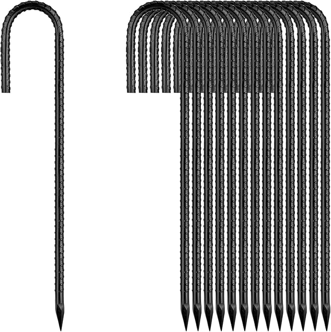 Rebar-Stakes-12-Inch, Ground Stakes Heavy Duty J-Hook Black Coated Anti-Rust Heavy Duty Ground Anchors for Garden Dog Fence Chicken Coop Christmas Decorations Deer Fence 20pcs-Ruum Studio Home