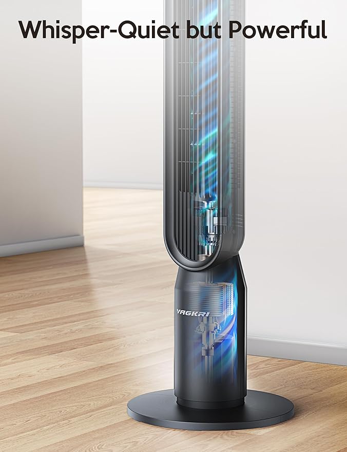VAGKRI 42 Inch Tower Fan for Bedroom, Bladeless Quiet Floor Fan with 135° Vertical 90° Oscillation Fans for Indoors use, 4 Speeds, 4 Modes, 15H Timers Standing Fans with Remote Black-Ruum Studio Home