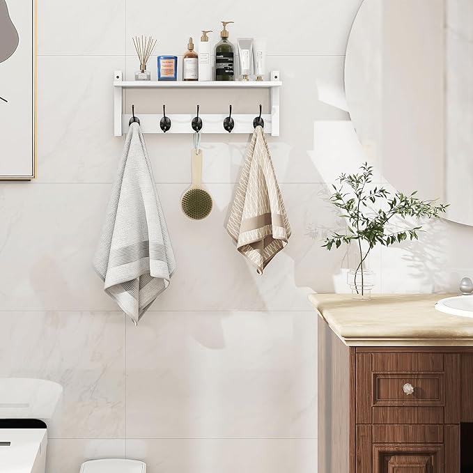 Homode Wall Shelf with Hooks, Coat Rack Wall Mount with Pegs, Hanging Entryway Coat Hanger, Wood and Iron Shelf for Bathroom, Hallway, Bedroom, White-Ruum Studio Home