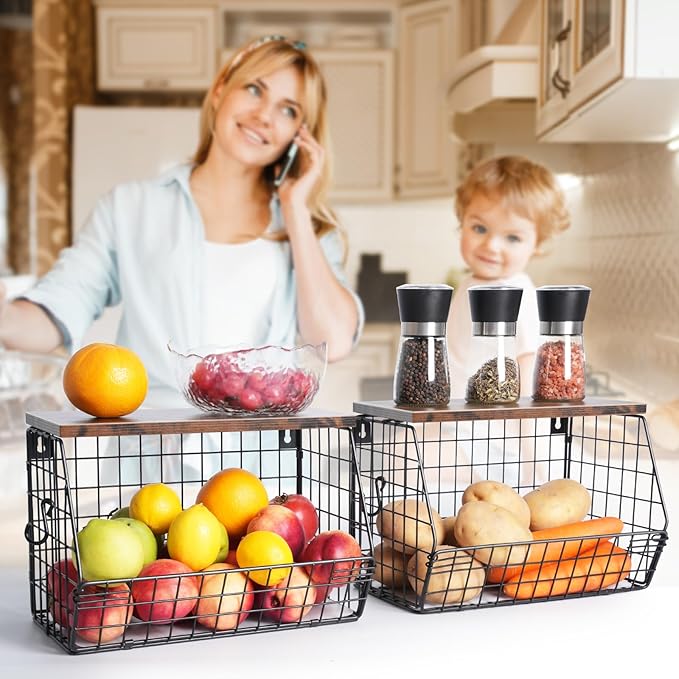 Fruit Bowl, Stackable Wall Mounted Fruit Basket of Smooth Wood Lid with 4 Banana Hanger Hooks, Metal Kitchen Counter Organizer for Snack, Fruit and Vegetable Storage, 11.8 * 7.9 * 8.5 Inches-Ruum Studio Home