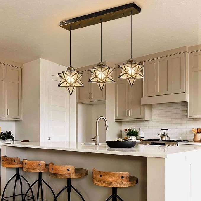 Glass Glam Chandelier 3 Lights Star Pendants Light Fixture for Dining Table Kitchen Island Modern Ceiling Hanging Lights Included LED Warm Light Bulbs Oiled Bronze-Ruum Studio Home
