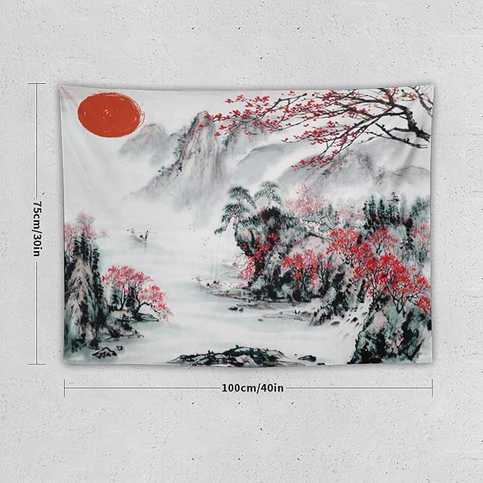 Cherry Blossoms Tapestry, Japanese Red Landscape Asian Watercolor Abstract Art, Bedroom Living Room Decor 40"x30"-Ruum Studio Home