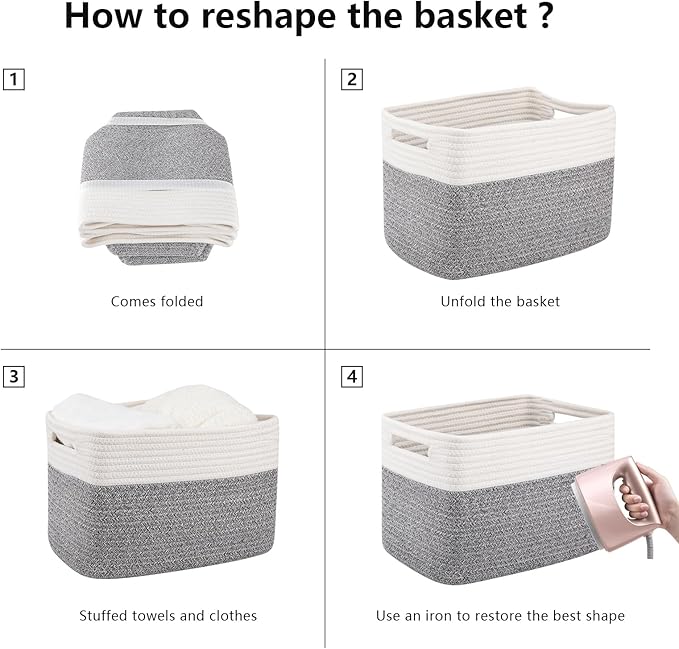 OIAHOMY 4 Pack Storage Baskets for Organizing, Basket for Shelves with Handle, Woven Baskets for Storage Toys, Towels, Books, Cotton Rope Basket 13" L x 9 " W x 7.8 " H, Grey & White-Ruum Studio Home