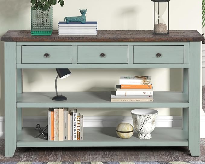 Solid Wood Console Table Sofa Table with Storage Drawers and Bottom Shelf Entryway Table for Entry Hallway Foyer Sofa Couch Table,Fully Assembled (48.8" Green)-Ruum Studio Home