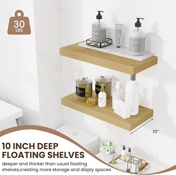 Fun Memories 24 Inch Floating Shelves Wall Mounted, 10 Inch Deep Wall Shelves, 24 x 10 Floating Shelf for Living Room Bathroom Bedroom, Oak, Set of 2-Ruum Studio Home