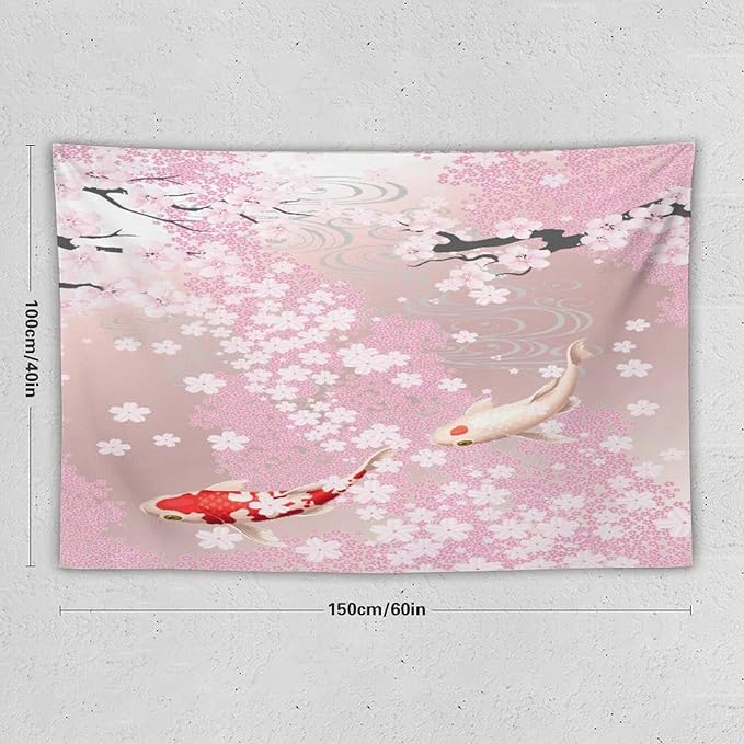 Houselerax Japanese Koi Fish Tapestry, Cherry Blossoms Asian Oriental Pink Flower Branch Koi Fish Carp Tapestries Wall Hanging for Bedroom Living Room Office Decor 60"x40"-Ruum Studio Home
