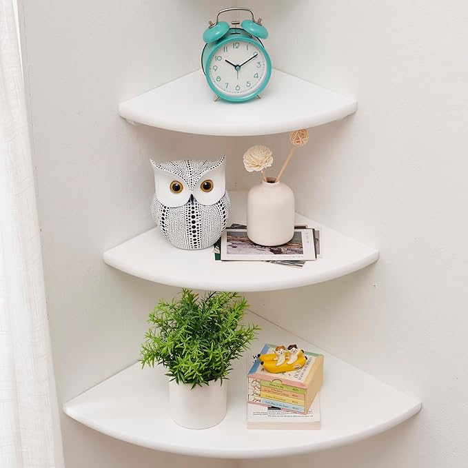 Corner Shelves, Floating Corner Shelf, Set of 3 Solid Oak Wood Corner Wall Shelves, Round End with Wire Hole Shelving for Small Plant for Bedroom Kitchen, Living Room (Size 9/10/12in)-Ruum Studio Home