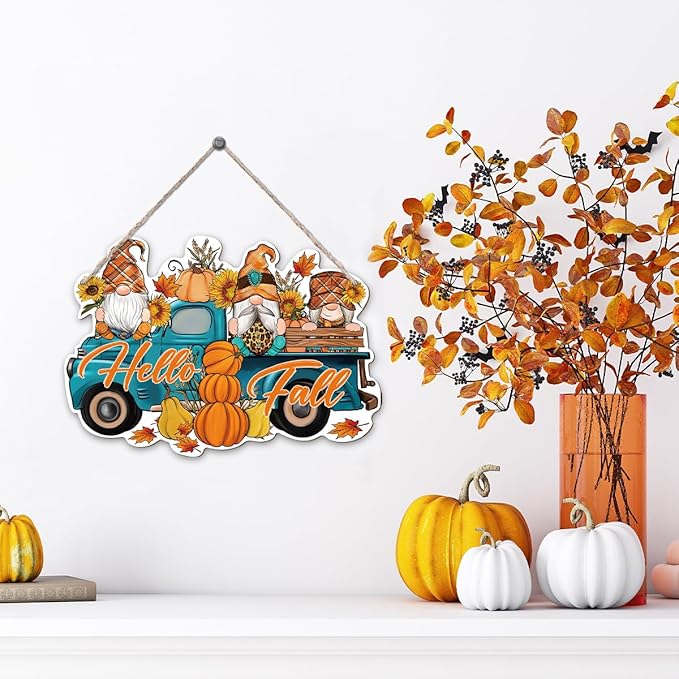 Hello Fall, Wood Hanging Gnome Decoration, Hello Fall Wood Hanging Decors, Rustic Thanksgiving Decors for Porch, Indoor Outdoor Autumn Door Decor(Truck), Housewarming Gift, Home Indoor Outdoor Decor-Ruum Studio Home