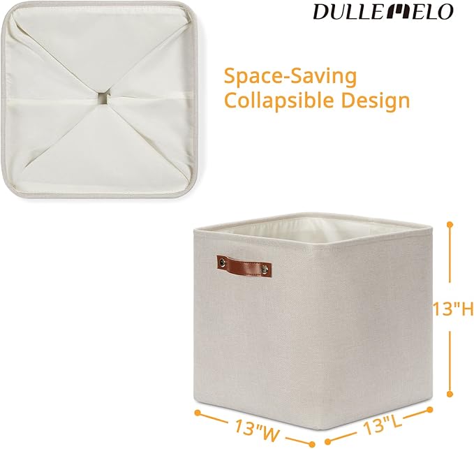 DULLEMELO Storage Bins, 4 Pack Of 13x13x13 Decorative Storage Cube Bins Suit Office, Home, Shelves And Closet, Cube Storage Bin with Leather handle(4 Pack - 13" Beige)-Ruum Studio Home