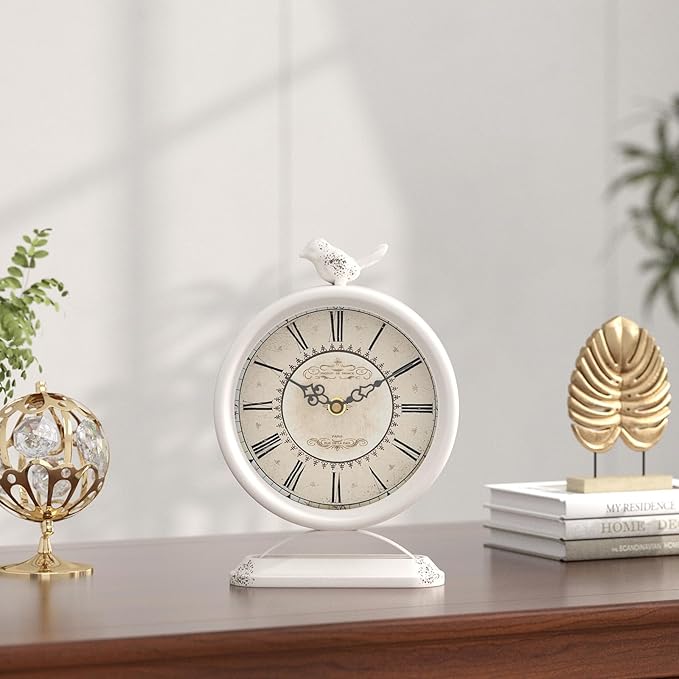 Vintage Table Clock with Bird, European Antique Style White Mantel Clocks, Desk and Shelf Decor Clock, for Farmhouse, Bedside, Living Room, Bedroom, Gift (9" H x 6.5" W)-Ruum Studio Home