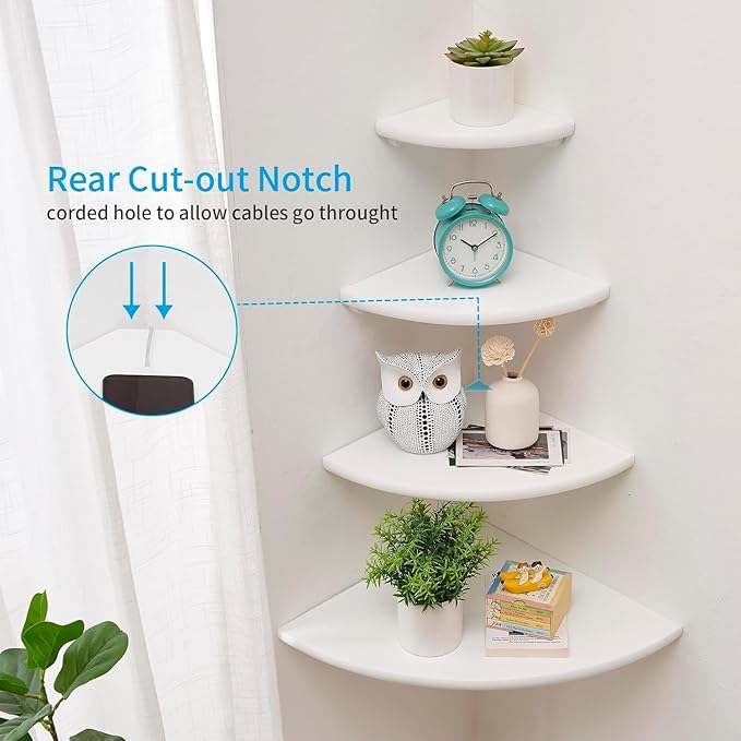 Corner Shelf, Solid Oak Wood Floating Corner Shelf Wall Mount Round End Floating Speaker Shelves with Wire Hole for Small Plant Photo Frame for Bedroom Kitchen, Living Room (White, 7.1in)-Ruum Studio Home