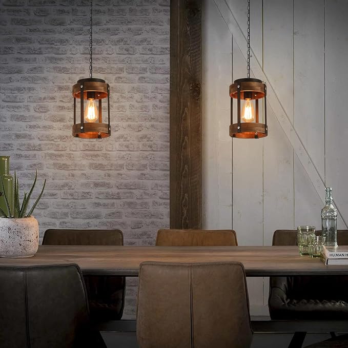 2 Pack Rustic Farmhouse Wood Pendant Light Fixture One-Light Adjustable Chain Oak Wood and Metal Drum Cage Small Pendant Lighting for Kitchen Island Sink Hallway Farmhouse Bathroom Bar, Black-Ruum Studio Home